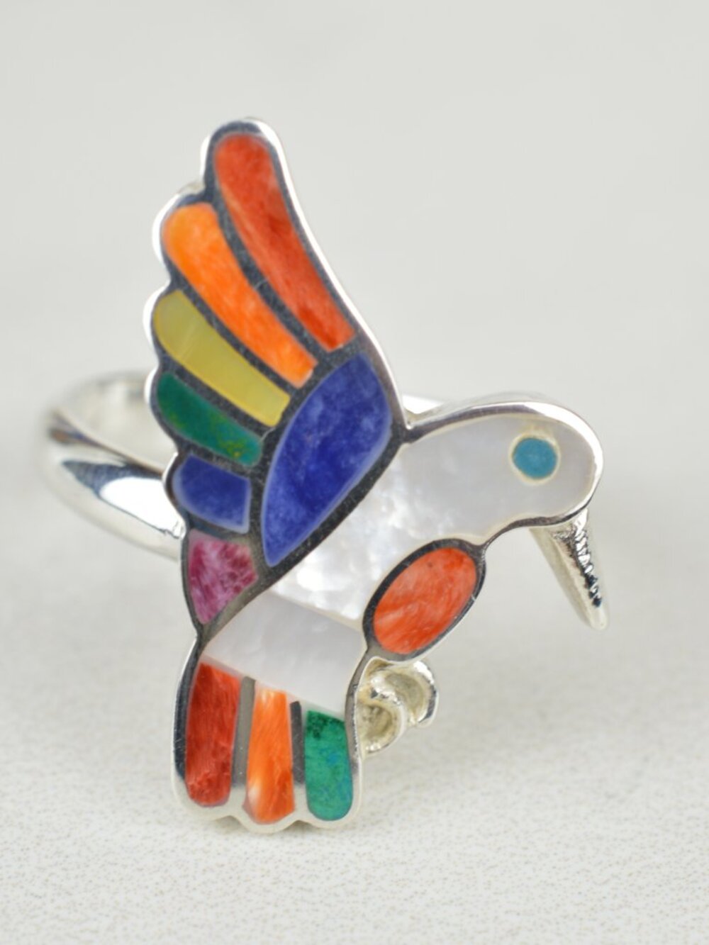 Peruvian Inlay Hummingbird Ring 925 Silver Size 7.5 - Picture 5 of 11